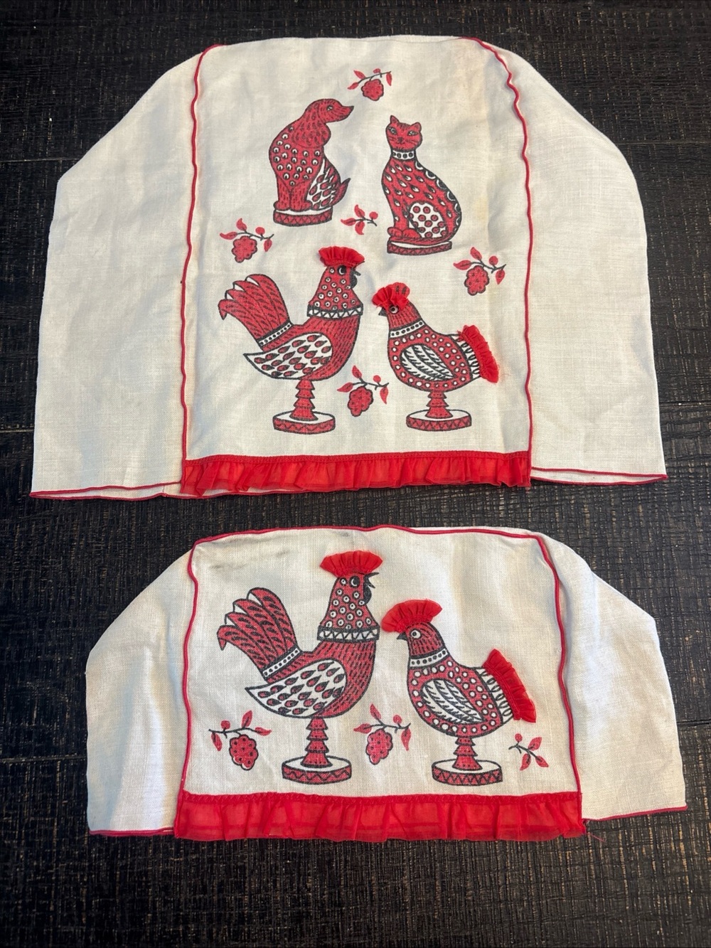 Vintage Appliance Covers 2 Set Rooster Cat Dog Linen Canvas